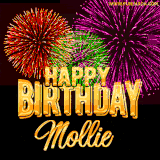 A golden 'Happy Birthday Mollie' message with vibrant fireworks in the background, creating a festive and celebratory vibe in this animated name GIF.