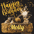 Celebrate Molly's birthday with a GIF featuring chocolate cake, a lit sparkler, and golden stars