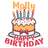 Cartoon birthday cake with a red bow, glowing candles, and 'Molly Happy Birthday' text in bold animated style.