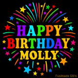 Personalized greeting card with name, colorful text that says 'Happy Birthday Molly' surrounded by animated fireworks and multicolor stars