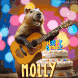 Animated birthday GIF showing a capybara playing guitar and singing beside a birthday cake with the name Molly in large letters and colorful bokeh lights in the background.