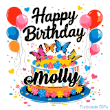 An animated birthday card for Molly. It features a festive cake with her name, 'Molly', and colorful butterflies. Floating balloons and hearts complete the joyful scene.