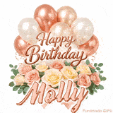 Pastel metallic balloons and rose bouquet Happy Birthday Molly GIF