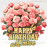 Golden 'Happy Birthday Monroe' text beneath a vibrant bouquet of orange roses, complete with glittering butterflies and sparkling details.