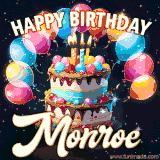 Bright birthday animation for Monroe with a chocolate cake, candles, balloons, and glowing celebratory lights.