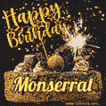 Celebrate Monserrat's birthday with a GIF featuring chocolate cake, a lit sparkler, and golden stars
