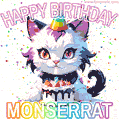 Cute cosmic cat with a birthday cake for Monserrat surrounded by a shimmering array of rainbow stars