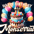 Hand-drawn happy birthday cake adorned with an arch of colorful balloons - name GIF for Monserrat