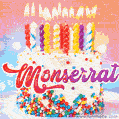 Personalized for Monserrat elegant birthday cake adorned with rainbow sprinkles, colorful candles and glitter