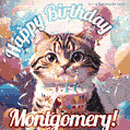 Happy birthday gif for Montgomery with cat and cake