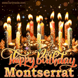 A glowing personalized birthday GIF with name Montserrat featuring lit candles with intricate designs, warm lighting, and the text 'Happy Birthday' in an elegant font.