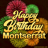 Golden text reading 'Happy Birthday Montserrat' surrounded by vibrant fireworks in red, green, and yellow, set against a dark background in this celebratory birthday GIF.