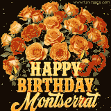 Animated bouquet of orange roses with moving butterfles and golden 'Happy Birthday Montserrat' text, surrounded by sparkling accents and a dark backdrop for a luxurious feel.
