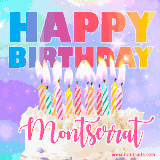 A vibrant animated name GIF with the words 'Happy Birthday Montserrat' with colorful candles on a creamy cake. The background sparkles with pastel shades, adding a festive touch.