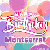 A vibrant name GIF featuring colorful balloons in shades of pink, orange, and yellow with the bold text 'Happy Birthday Montserrat' in festive fonts, creating a lively birthday vibe.