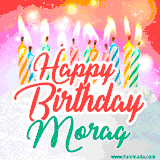 Bright birthday candles with rainbow flames on a cake, alongside the text 'Happy Birthday Morag' in vibrant script in this celebratory animated GIF.