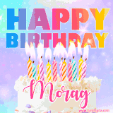 A vibrant animated name GIF with the words 'Happy Birthday Morag' with colorful candles on a creamy cake. The background sparkles with pastel shades, adding a festive touch.