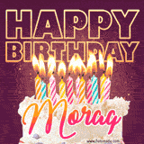 A colorful birthday cake topped with lit candles, with the words 'Happy Birthday Morag' in bold glowing letters on a burgundy background. Animated flames add a festive touch.