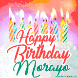 Bright birthday candles with rainbow flames on a cake, alongside the text 'Happy Birthday Morayo' in vibrant script in this celebratory animated GIF.