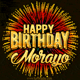 Golden 'Happy Birthday Morayo' text accompanied by animated rainbow fireworks for a festive animated greeting.