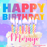 A vibrant animated name GIF with the words 'Happy Birthday Morayo' with colorful candles on a creamy cake. The background sparkles with pastel shades, adding a festive touch.