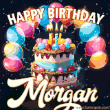 Bright birthday animation for Morgan with a chocolate cake, candles, balloons, and glowing celebratory lights.