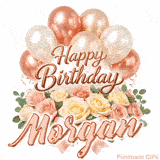 Elegant 3D rose gold text saying Happy Birthday Morgan surrounded by balloons