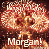 Bold white script spelling the name Morgan on a red and gold gift card under exploding golden fireworks.