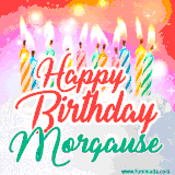 Bright birthday candles with rainbow flames on a cake, alongside the text 'Happy Birthday Morgause' in vibrant script in this celebratory animated GIF.