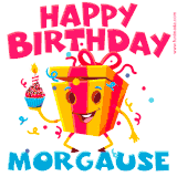 A vibrant and funny gift box character with a happy face dancing with a cupcake and the text 'Happy Birthday Morgause,' surrounded by animated confetti and party vibes.