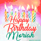 Bright birthday candles with rainbow flames on a cake, alongside the text 'Happy Birthday Moriah' in vibrant script in this celebratory animated GIF.