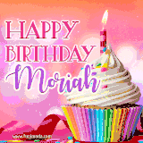 A vibrant birthday GIF featuring a rainbow-colored cupcake topped with white frosting, sprinkles, and a lit candle. The text reads 'Happy Birthday Moriah' in bold pink and violet letters with white outline.