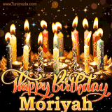A glowing personalized birthday GIF with name Moriyah featuring lit candles with intricate designs, warm lighting, and the text 'Happy Birthday' in an elegant font.