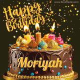 A delightful chocolate birthday cake with bright candles and 'Happy Birthday Moriyah' written in gold amidst a shower of animated stars.