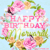 A charming animated GIF featuring 'Happy Birthday Morvarid' in pink and green text, surrounded by delicate roses, leaves, and fluttering butterflies on a soft light blue pastel background.