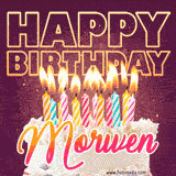 A colorful birthday cake topped with lit candles, with the words 'Happy Birthday Morwen' in bold glowing letters on a burgundy background. Animated flames add a festive touch.