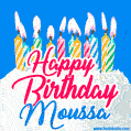 Happy Birthday GIF for Moussa with Birthday Cake and Lit Candles