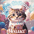 Happy birthday gif for Moussa with cat and cake