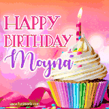 A vibrant birthday GIF featuring a rainbow-colored cupcake topped with white frosting, sprinkles, and a lit candle. The text reads 'Happy Birthday Moyna' in bold pink and violet letters with white outline.