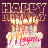 A colorful birthday cake topped with lit candles, with the words 'Happy Birthday Moyna' in bold glowing letters on a burgundy background. Animated flames add a festive touch.