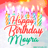 Bright birthday candles with rainbow flames on a cake, alongside the text 'Happy Birthday Moyra' in vibrant script in this celebratory animated GIF.