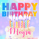 A vibrant animated name GIF with the words 'Happy Birthday Moyra' with colorful candles on a creamy cake. The background sparkles with pastel shades, adding a festive touch.