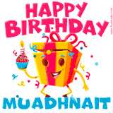 A vibrant and funny gift box character with a happy face dancing with a cupcake and the text 'Happy Birthday Muadhnait,' surrounded by animated confetti and party vibes.