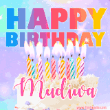 A vibrant animated name GIF with the words 'Happy Birthday Mudiwa' with colorful candles on a creamy cake. The background sparkles with pastel shades, adding a festive touch.