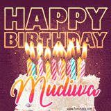 A colorful birthday cake topped with lit candles, with the words 'Happy Birthday Mudiwa' in bold glowing letters on a burgundy background. Animated flames add a festive touch.