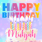 A vibrant animated name GIF with the words 'Happy Birthday Muhjah' with colorful candles on a creamy cake. The background sparkles with pastel shades, adding a festive touch.