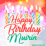 Bright birthday candles with rainbow flames on a cake, alongside the text 'Happy Birthday Muirín' in vibrant script in this celebratory animated GIF.