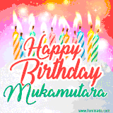 Bright birthday candles with rainbow flames on a cake, alongside the text 'Happy Birthday Mukamutara' in vibrant script in this celebratory animated GIF.