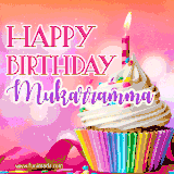 A vibrant birthday GIF featuring a rainbow-colored cupcake topped with white frosting, sprinkles, and a lit candle. The text reads 'Happy Birthday Mukarramma' in bold pink and violet letters with white outline.