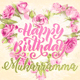 A stunning heart made of pink roses surrounds the elegant script text 'Happy Birthday Mukarramma' on a soft beige background. Animated sparkles add a magical and festive feel.